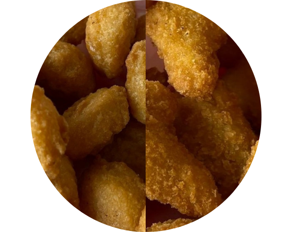 Fried corn nuggets and fried cauliflower displayed side by side